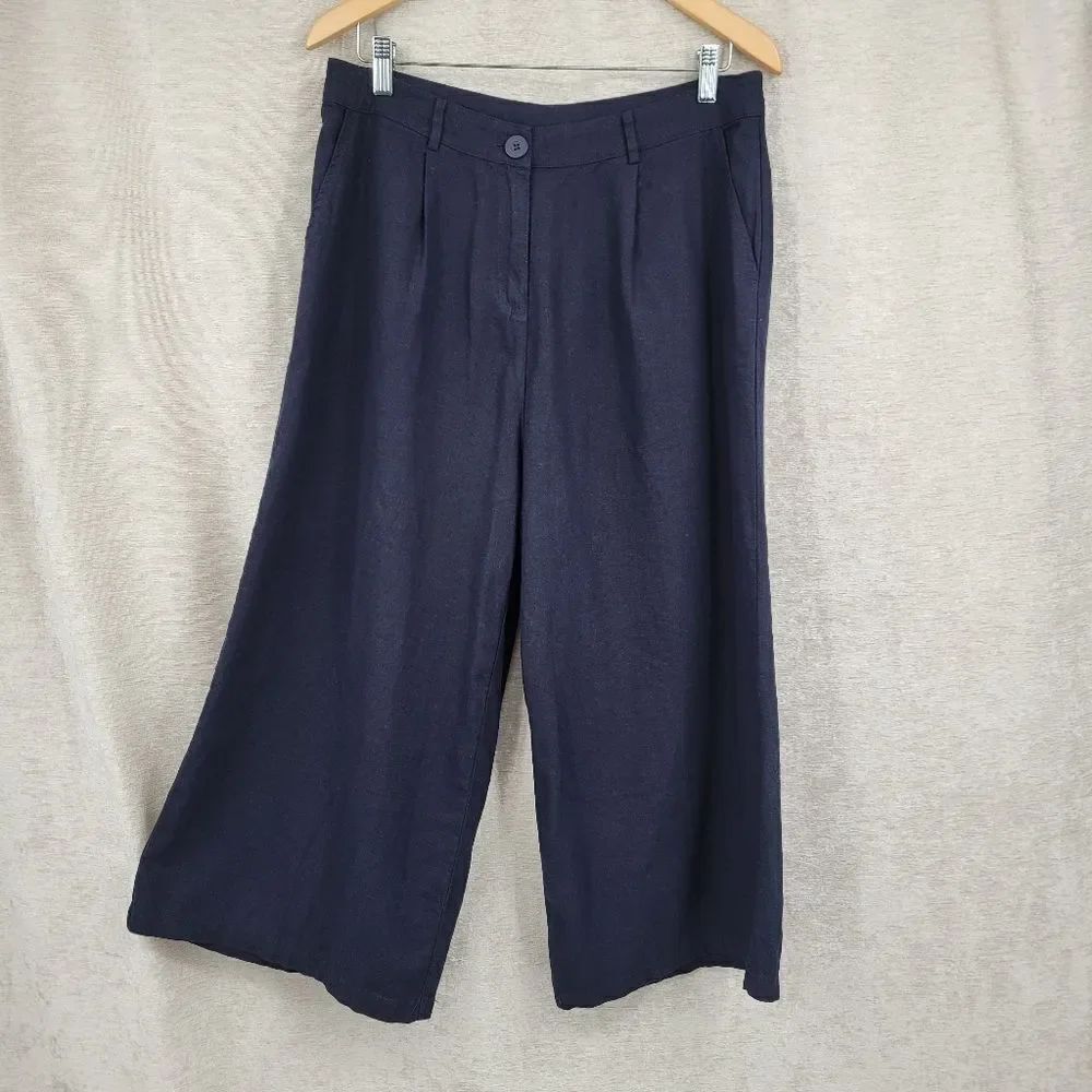 Miilla Linen Blend Navy Blue Wide Leg Cropped Women's Pants Pedal Pushers